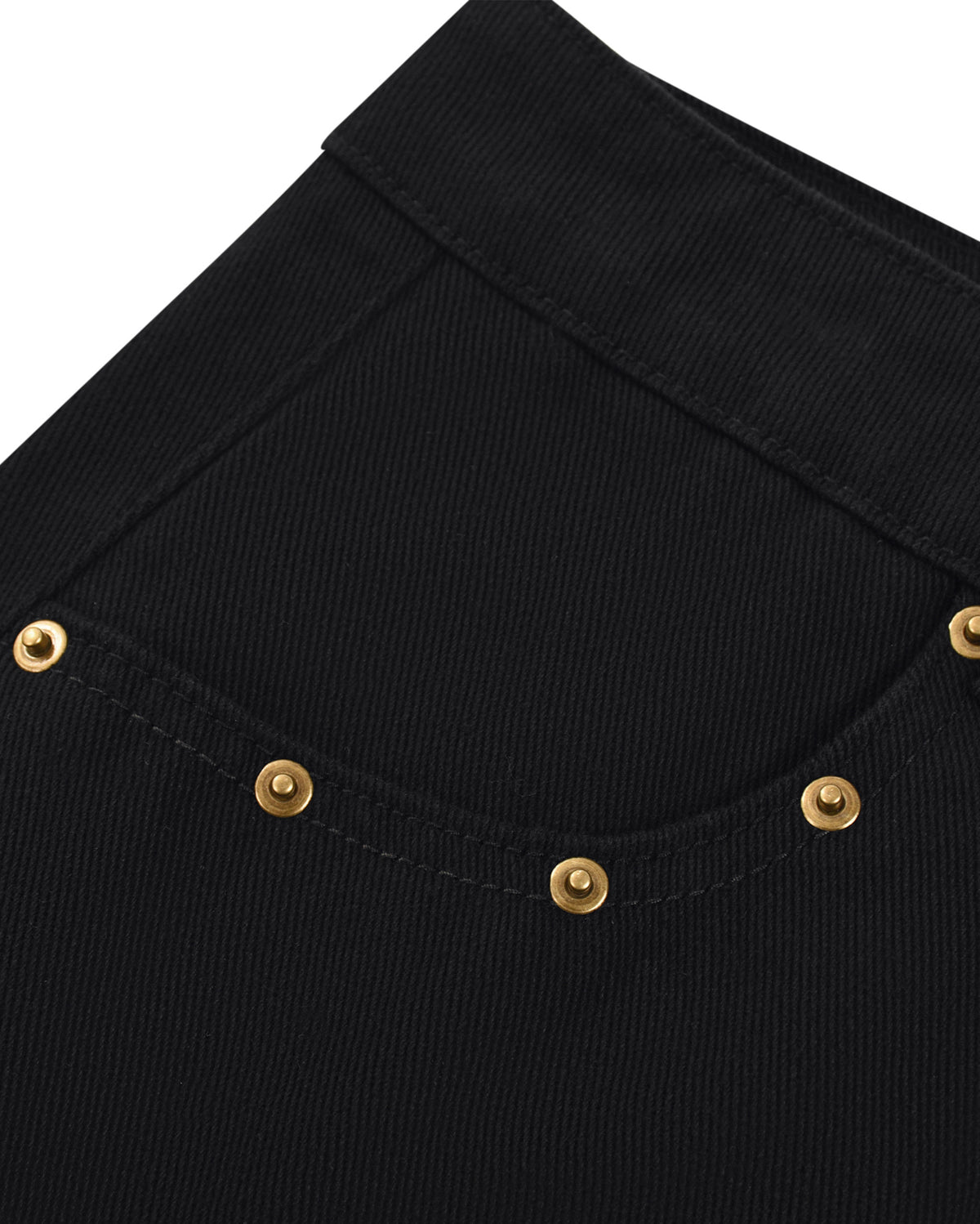     Black denim mini skirt pocket with gold rivet hardware and reinforced stitching