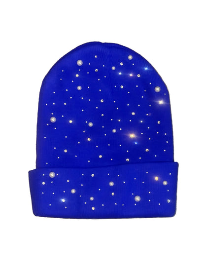 Pastels & Pistols Rhinestone & Pearl Knitted Beanie in blue. Soft knit beanie with rhinestone and pearl details. Studio product image on white background for cold weather and streetwear accessory searches.

