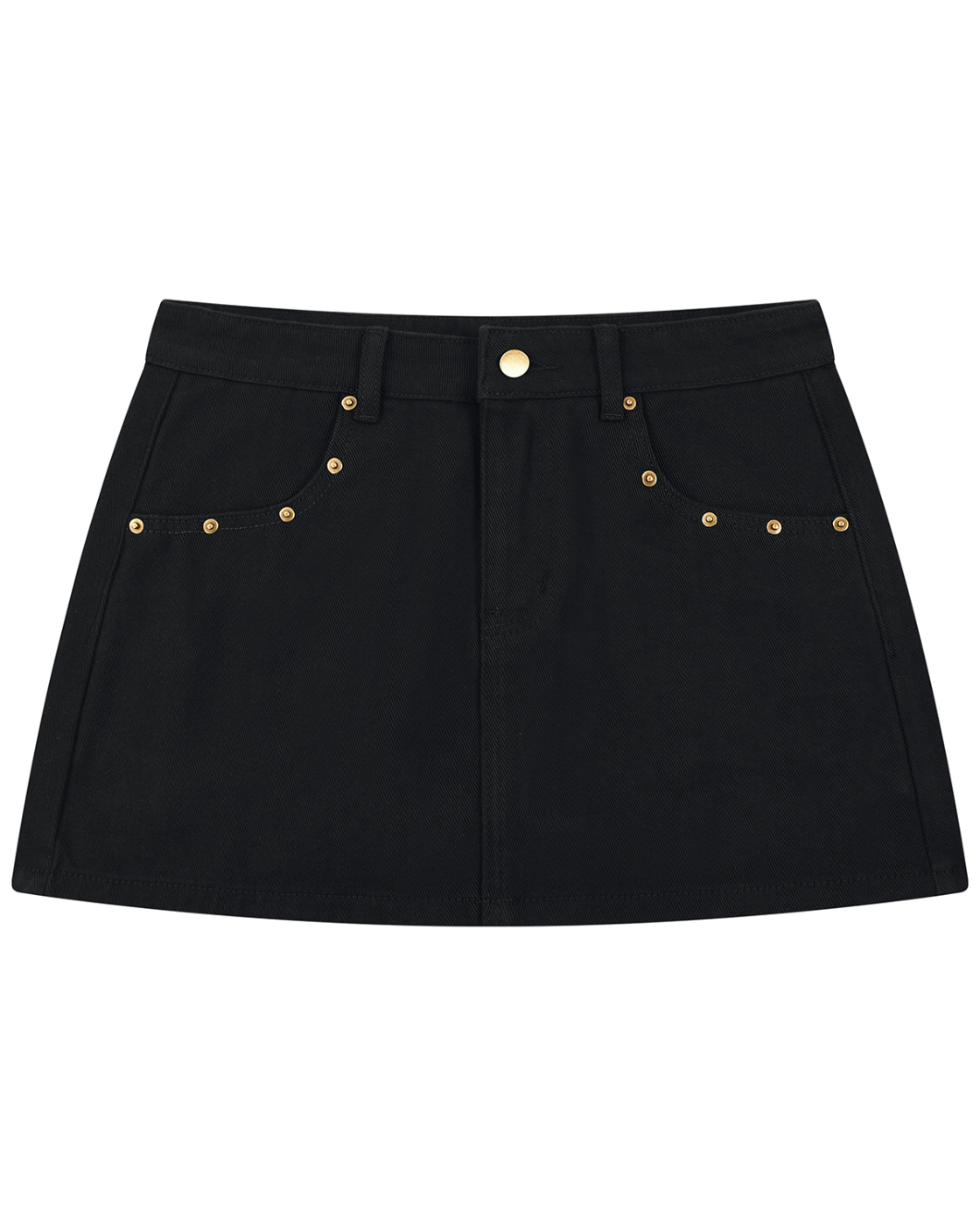 Pastels & Pistols black women’s rivet denim mini skirt with gold-tone hardware and front pockets