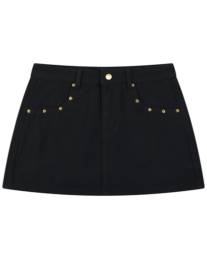 Pastels & Pistols black women’s rivet denim mini skirt with gold-tone hardware and front pockets
