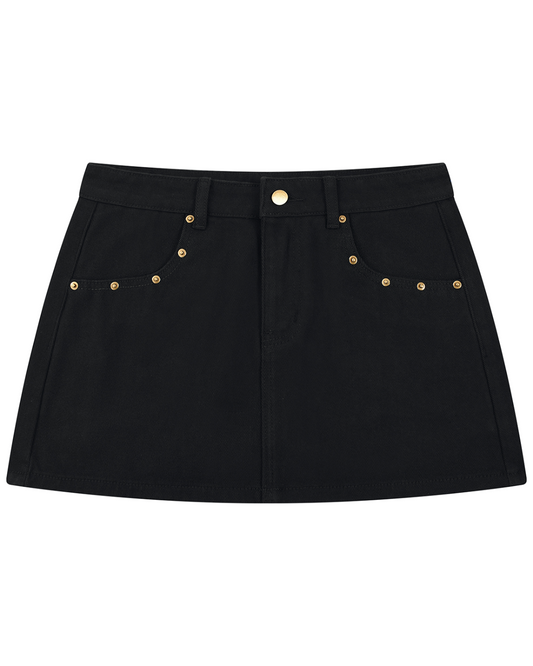 Pastels & Pistols black women’s rivet denim mini skirt with gold-tone hardware and front pockets