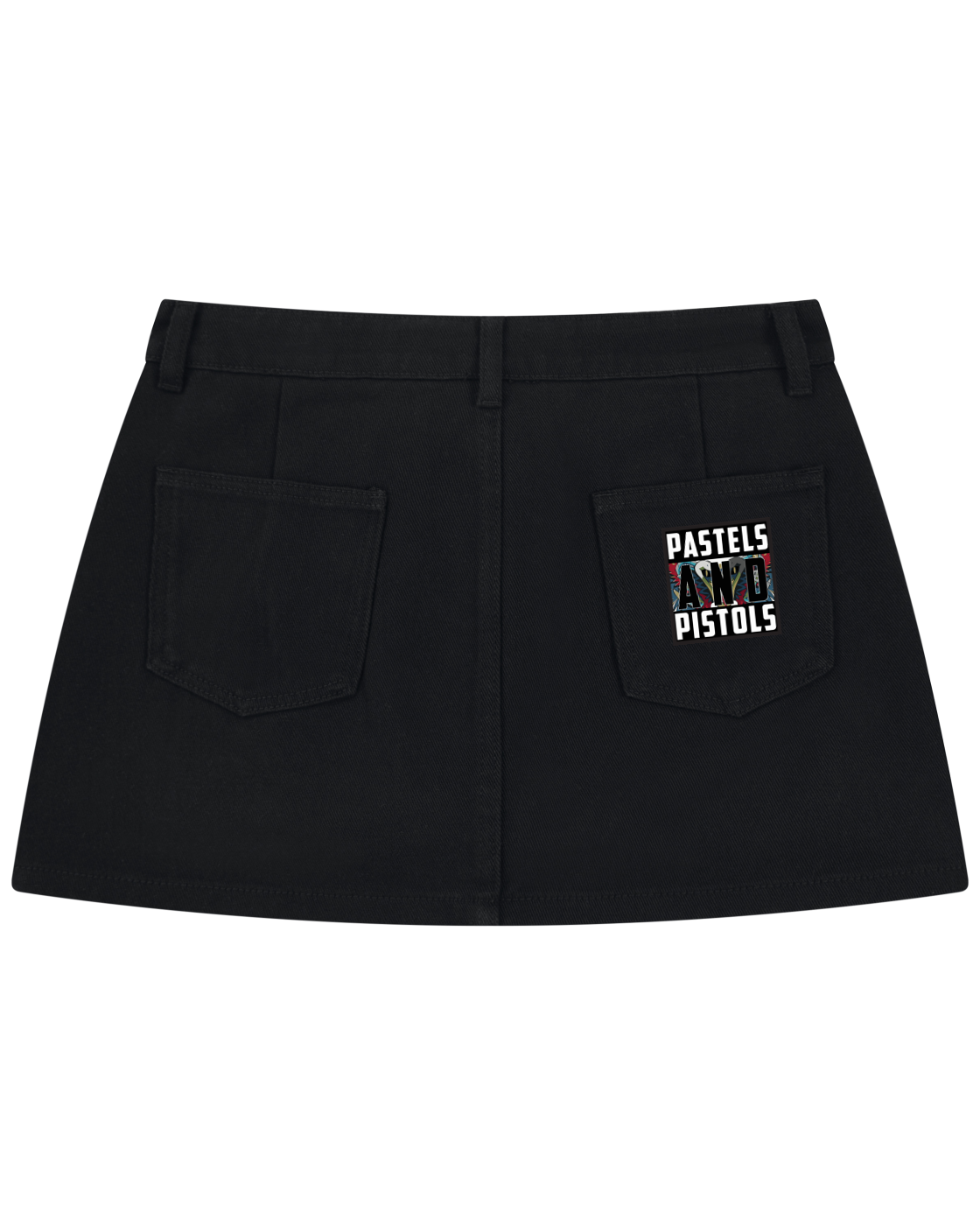     Back view of Pastels & Pistols black denim mini skirt with branded rear pocket