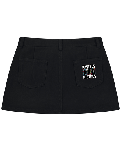     Back view of Pastels & Pistols black denim mini skirt with branded rear pocket