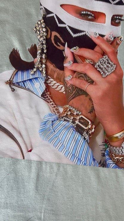 Detailed close-up of full graphic with rhinestones on the Pastels & Pistols “Say Less” Tee.
